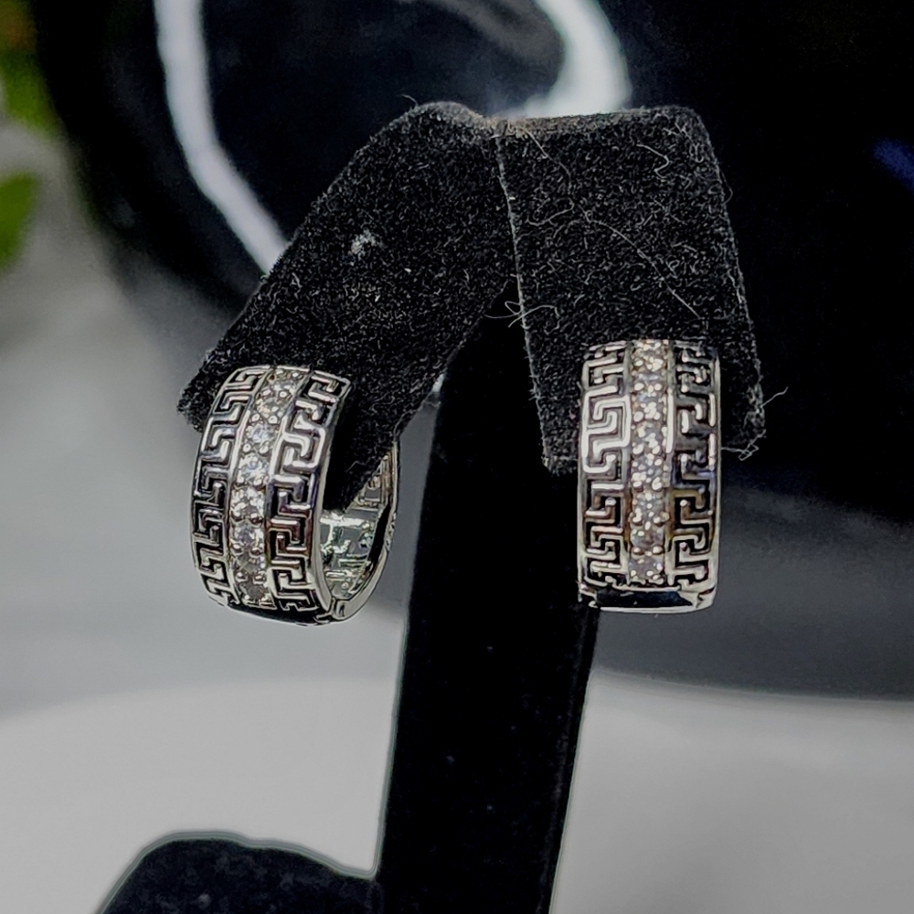 Silver Hinge Huggie Earrings Greek Key with CZ Stones New